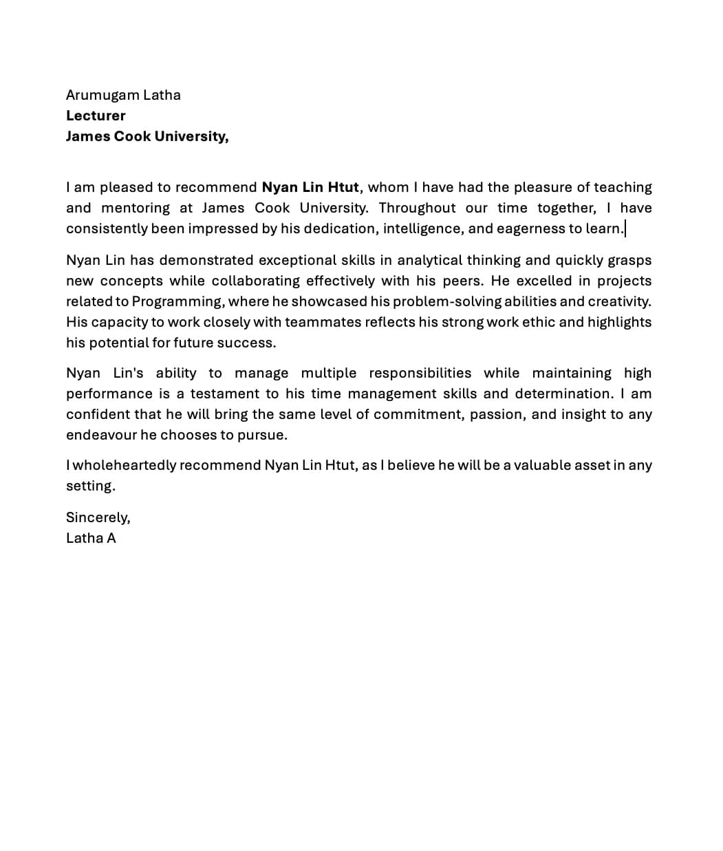 Academic Reference – Latha A (James Cook University)