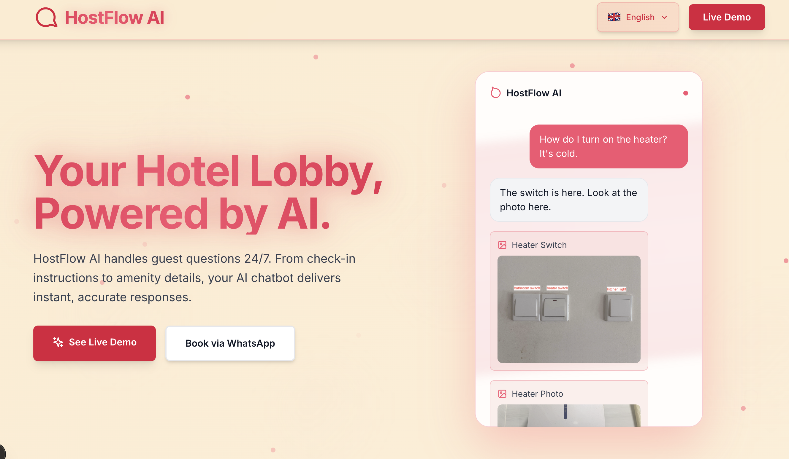 HostFlow AI landing page with live chat demo