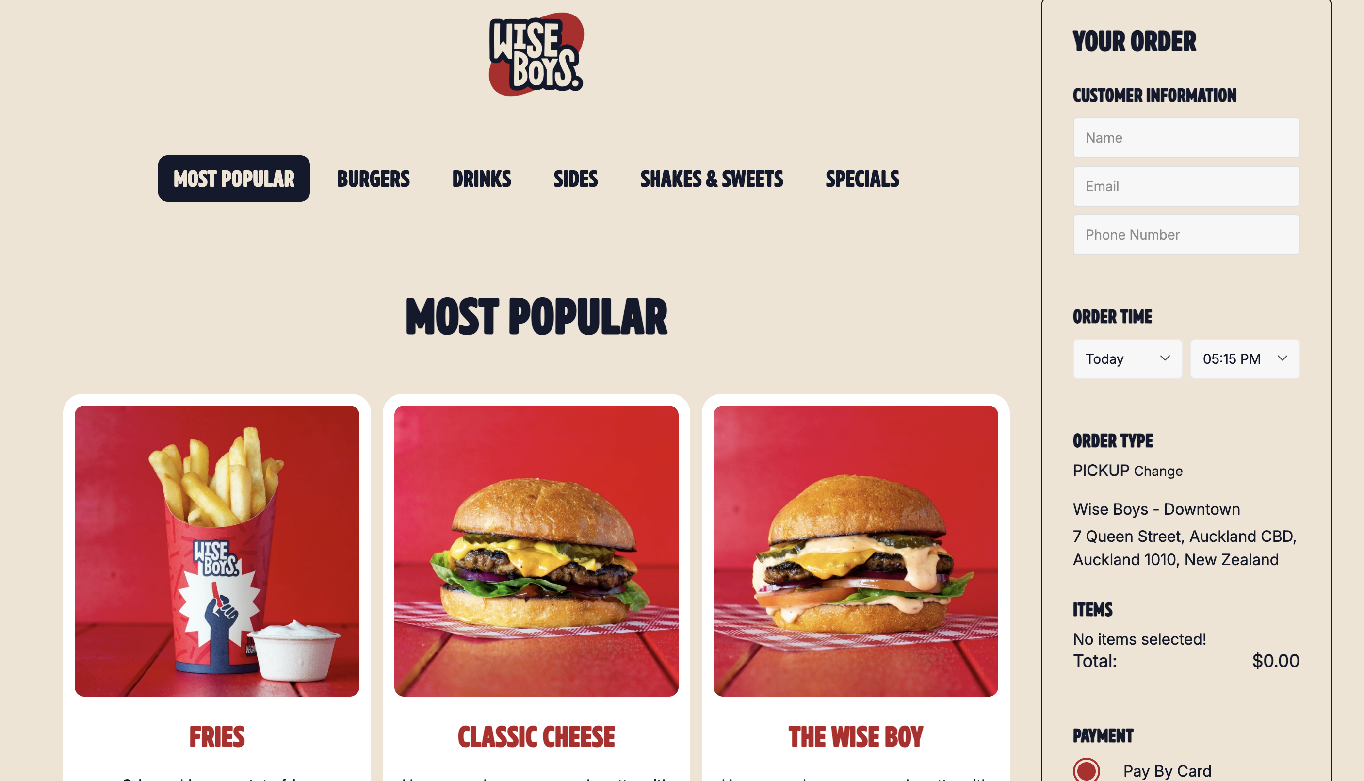 Wise Boys Tabin online ordering page